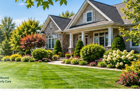 Illustrative picture of a manicured yard and landscaped house